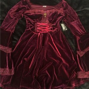 Velvet Burgundy Dress with Lace and Ribbon Detail